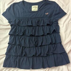 Hollister Navy Gathered Ruffle Front Tee with Red Logo